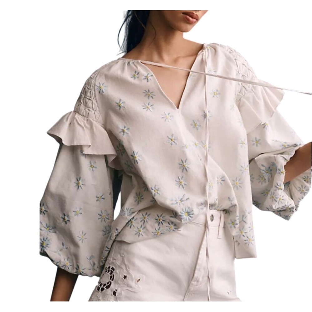 Anthropologie Know That Girl Blouse XL Blue Floral Embroidered  Boho *Flaw